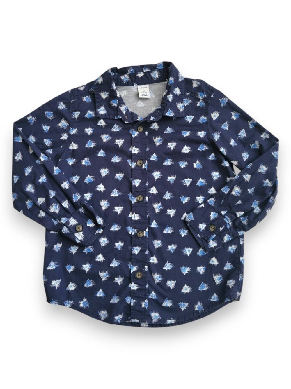 Old Navy Boys 4T Button Down Shirt Navy Blue Triangle Print Stretch Long Sleeve